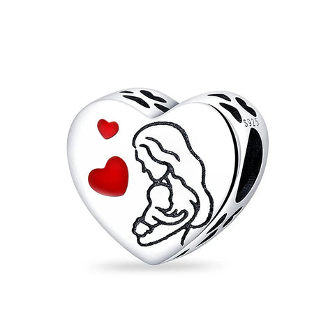 Sterling Silver Heart Charm with Mother and Baby Silhouette - Sterling Silver Heart Charm with Mother and Baby Silhouette