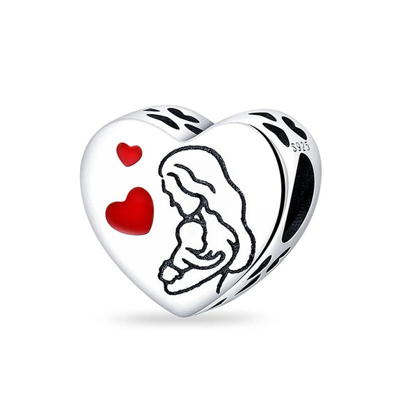 Sterling Silver Heart Charm with Mother and Baby Silhouette - Sterling silver heart charm with mother and baby silhouette.