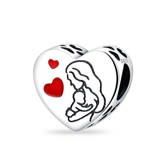 Sterling silver heart charm with mother and baby silhouette.