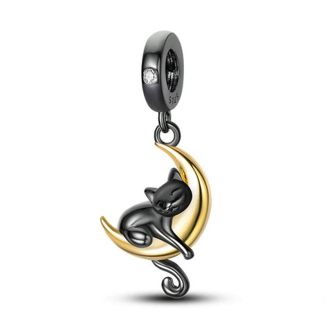 Sterling Silver Black Cat on Moon Charm - Sterling Silver Black Cat on Moon Charm