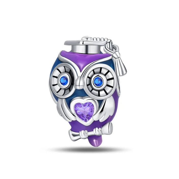 Sterling Silver Graduation Owl Charm with Blue Crystals and Enamel for Celebrating Academic Achievements - Sterling silver graduation owl charm with blue crystals and enamel.