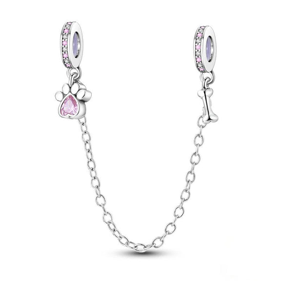 Sterling Silver Paw Print Safety Chain - Sterling silver paw print safety chain with pink crystals