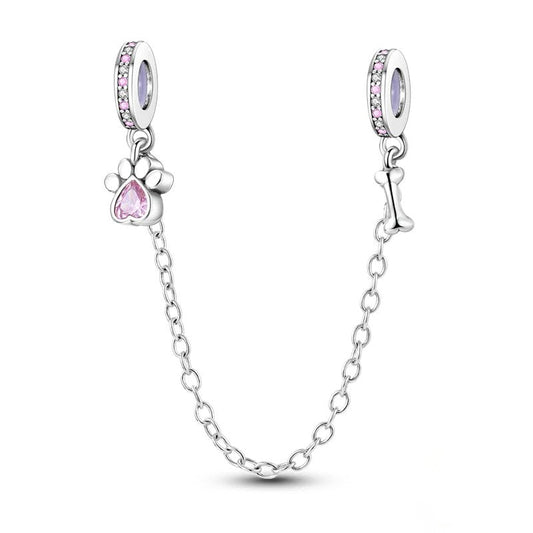 Sterling silver paw print safety chain with pink crystals