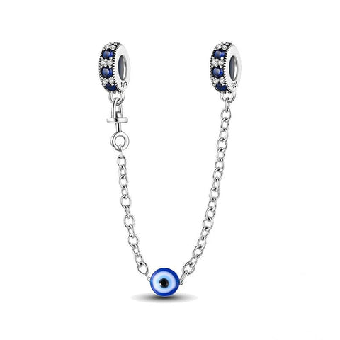 Sterling silver evil eye safety chain with blue crystals