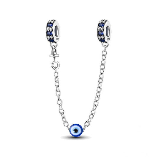 Sterling silver evil eye safety chain with blue crystals