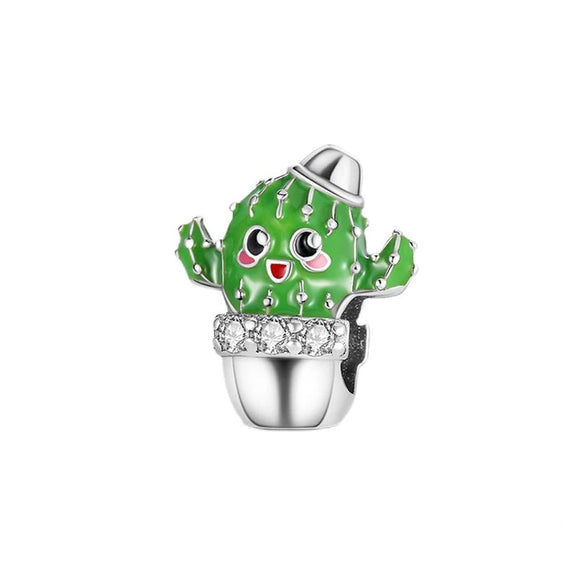 Sterling Silver Cute Cactus Charm - Sterling silver cactus charm with green enamel and crystals