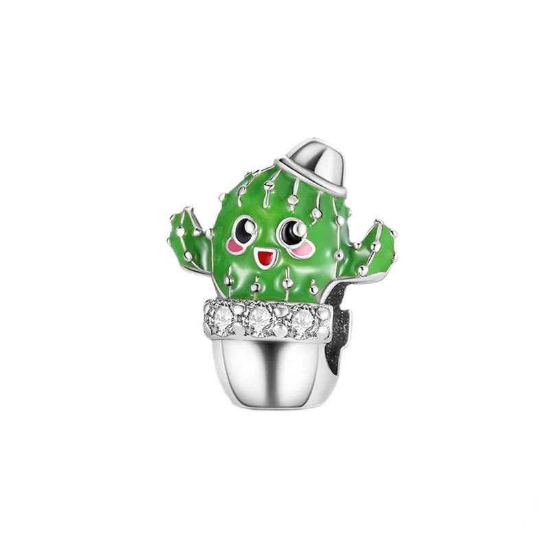 Sterling silver cactus charm with green enamel and crystals