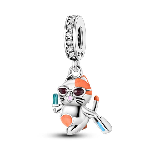 Summer Fun Cat Sterling Silver Charm with Enamel - Summer Fun Cat Sterling Silver Charm with Enamel