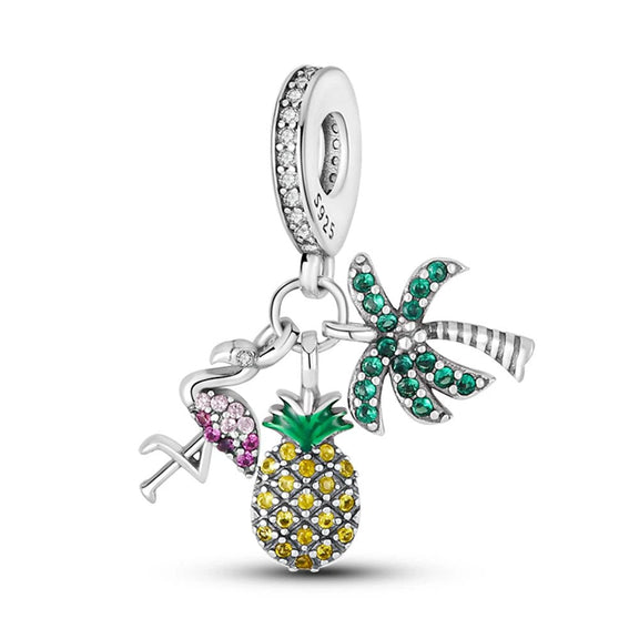 Tropical Paradise Flamingo and Pineapple Charm - Tropical paradise charm with flamingo, pineapple, and palm tree, fits Pandora bracelet.