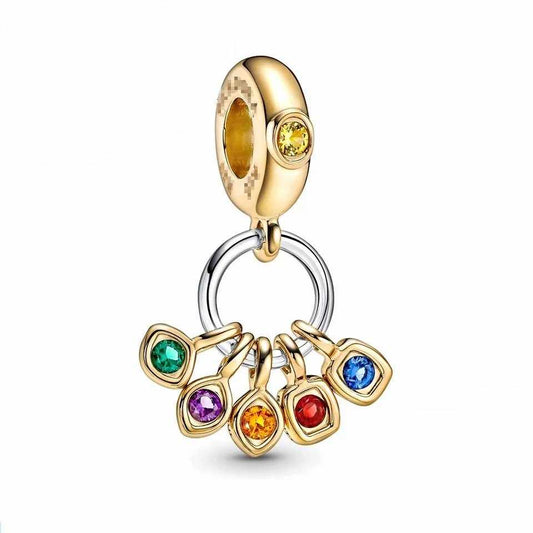 Gold Infinity Stone charm with six colorful stones.