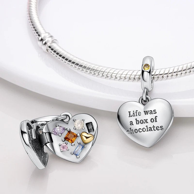 Sterling silver "Life Was a Box of Chocolates" charm with colorful gemstones