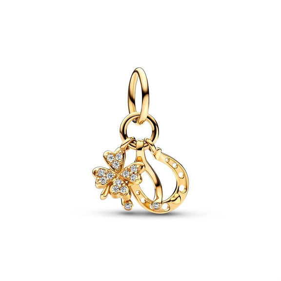 Gold Clover and Horseshoe Charm for Good Luck - Gold clover and horseshoe charm with sparkling accents, ideal for adding good luck.