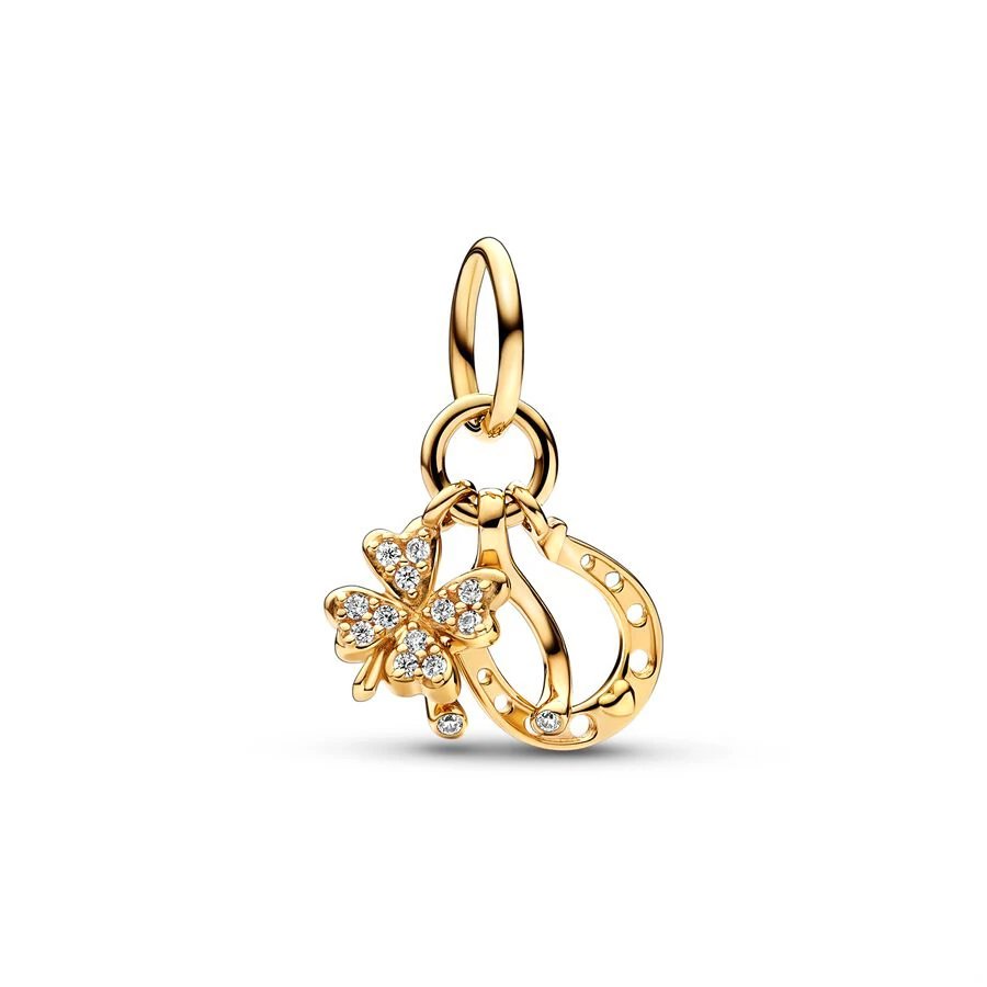 Gold clover and horseshoe charm with sparkling accents, ideal for adding good luck.