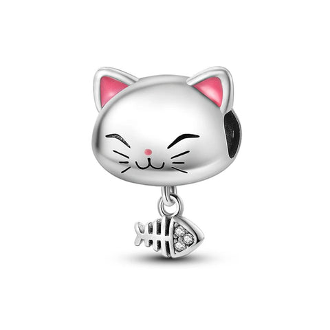 Cute Cat with Fish Sterling Silver Charm - Cute Cat with Fish Sterling Silver Charm
