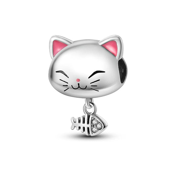 Cute Cat with Fish Sterling Silver Charm - Cute cat with fish charm in sterling silver, fits Pandora bracelet.