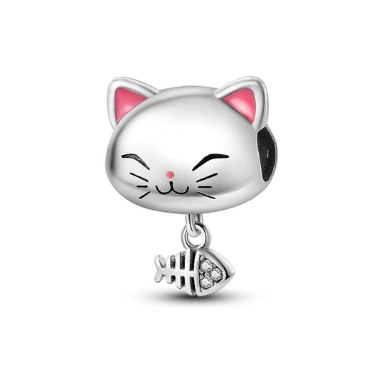 Cute cat with fish charm in sterling silver, fits Pandora bracelet.