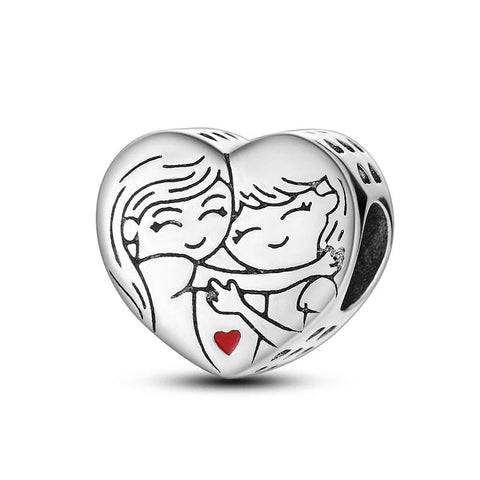 Sterling Silver Heart Charm Two Sisters Hugging and Red Heart Accent - Sterling silver heart charm with two sisters hugging and red heart.