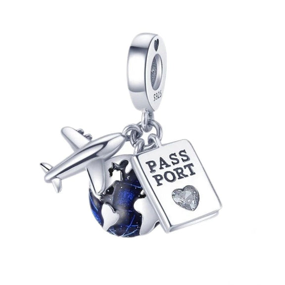 Sterling Silver Travel Passport Charm and Plane - Sterling silver travel charm with passport, airplane, and globe