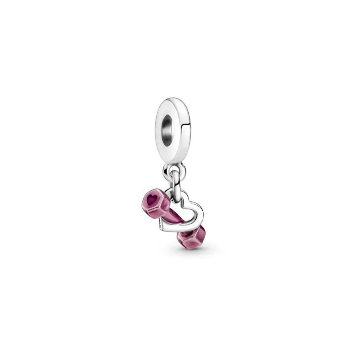 Dumbbell Heart Dangle Charm - Fitness-inspired dumbbell charm with heart detail, a great gift for gym-goers.