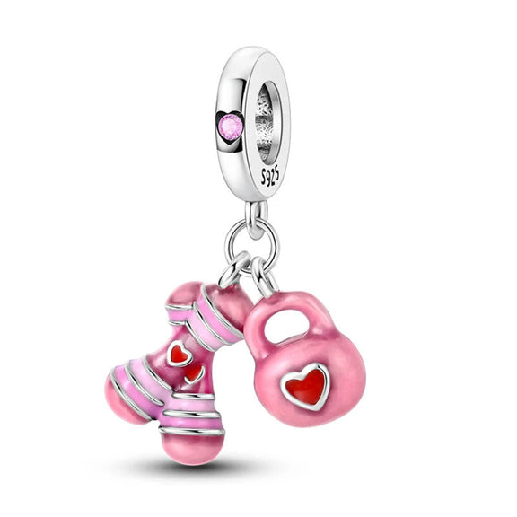 Dumbbell and Kettlebell Charm - Dumbbell and kettlebell fitness charm with pink accents.