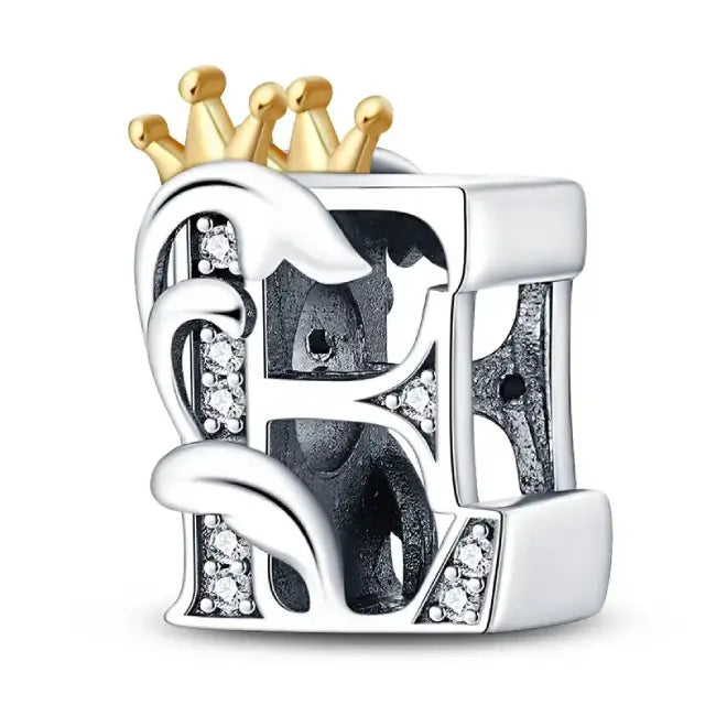 E Silver charm letter with gold Crown for pandora bracelets