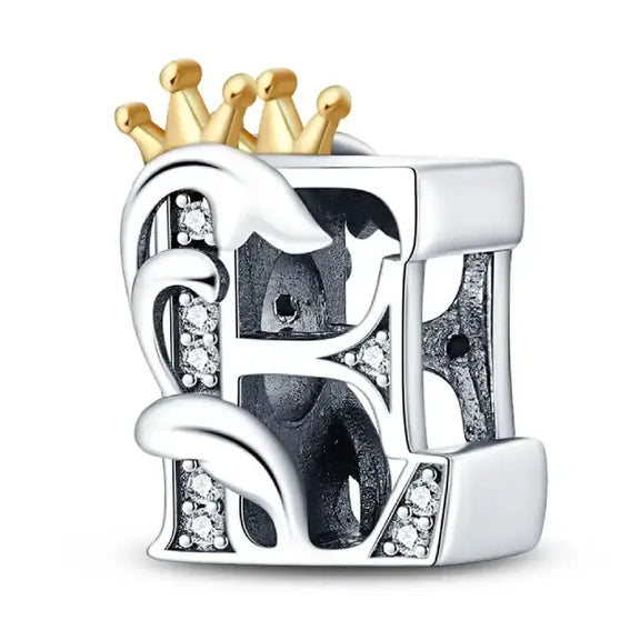 E Letter Gold Crown charm letter - E Silver charm letter with gold Crown for pandora bracelets