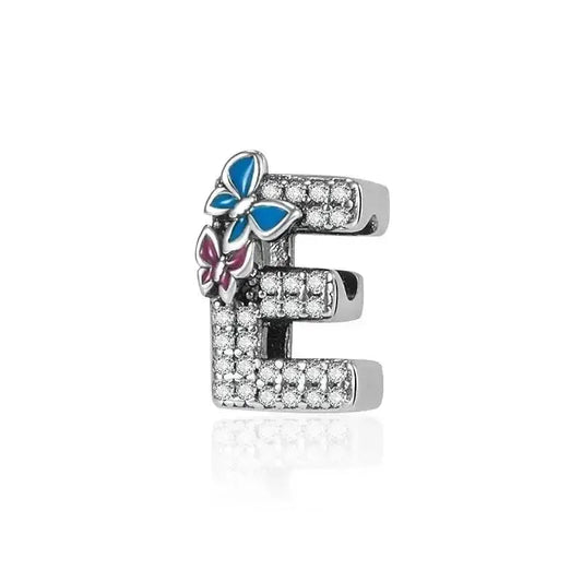 butterfly silver letter E charm