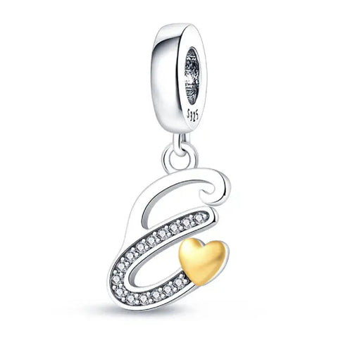 Silver letter E charm Gold heart - Silver letter E charm Gold heart