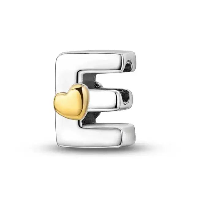 E Silver charm letter with gold heart for pandora bracelets