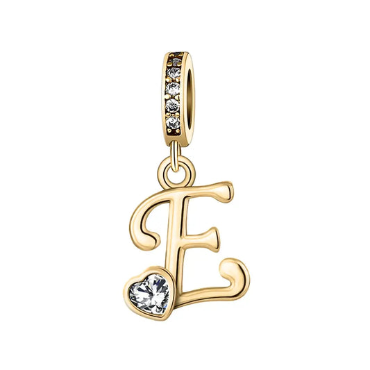 Gold E Letter Charm with pendant crystal Heart