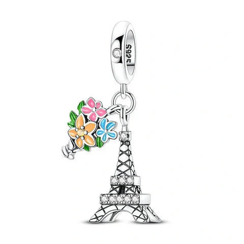 Eiffel Tower with Floral Bouquet Dangle Charm - Eiffel Tower with Floral Bouquet Dangle Charm
