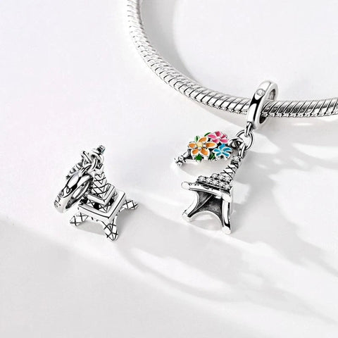 jewlouli eiffel tower with floral bouquet dangle charm jewlouli jewelry fits pandora bracelet