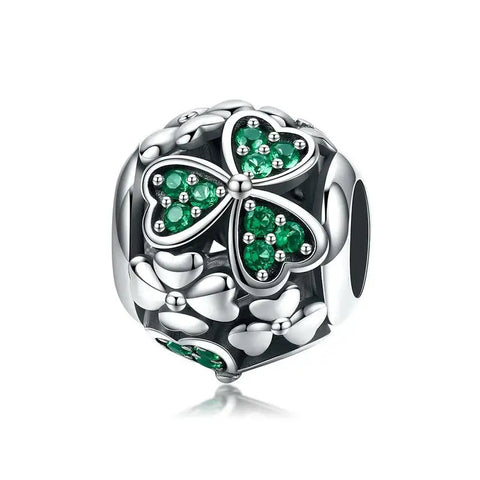 Silver With Green Flower Hearts Charm - Silver With Green Flower Hearts Charm