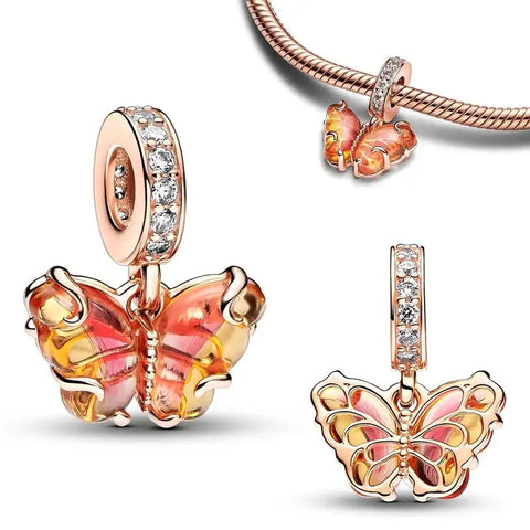 Enamel Butterfly Charm in Orange and Pink Shades - Enamel Butterfly Charm in Orange and Pink Shades