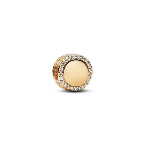 Sparkling button charm in Pandora Shine, engravable for a unique, customized look