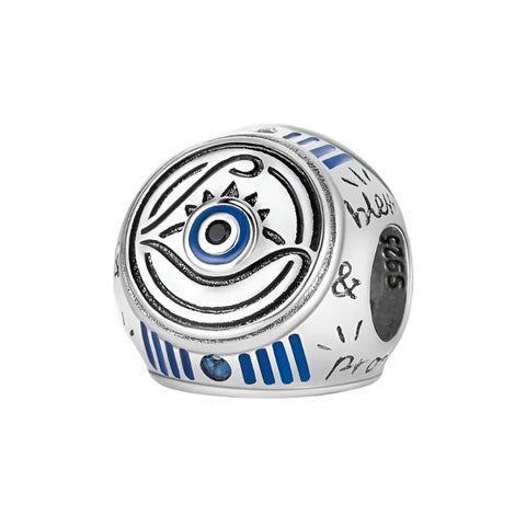 Engraved Sterling Silver Evil Eye Charm with Blue Accents - Engraved Sterling Silver Evil Eye Charm with Blue Accents