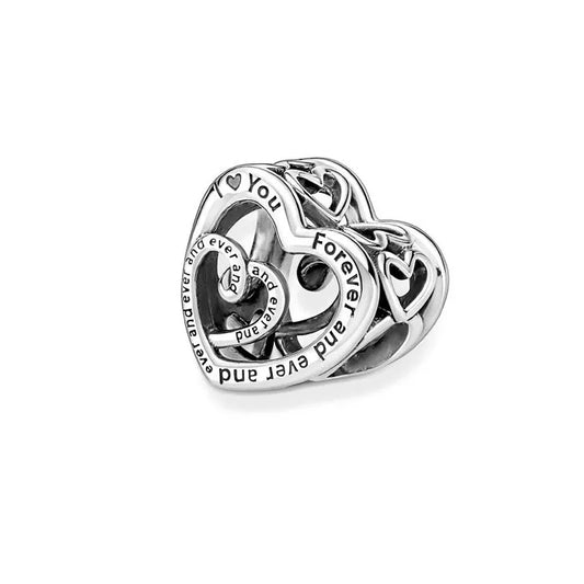 Infinite hearts charm with intertwined design, perfect for adding a symbol of love to bracelets