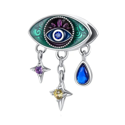 Heart-Shaped Evil Eye Charm with Wing and Tail Details - Sterling silver heart-shaped evil eye charm with wing and tail details, featuring blue enamel accents, perfect for charm bracelets.