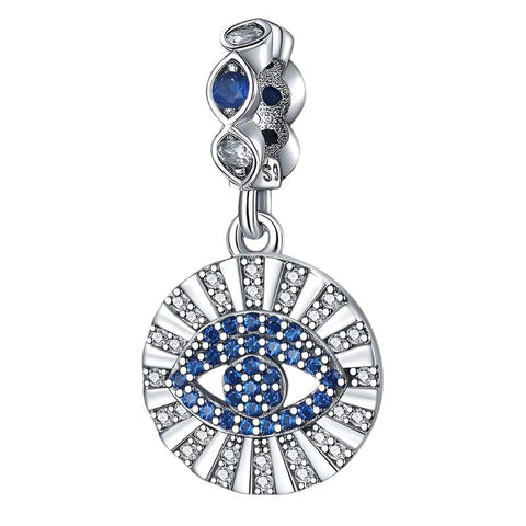 Sterling silver evil eye charm with blue and silver crystal accents, ideal for charm bracelets or necklaces.