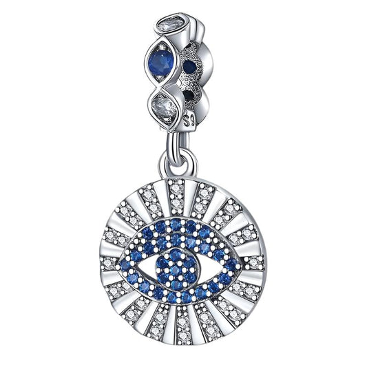 Sterling silver evil eye charm with blue and silver crystal accents, ideal for charm bracelets or necklaces.