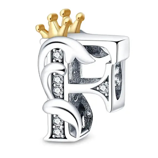 F Silver charm letter with gold Crown for pandora bracelets