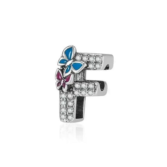 butterfly silver letter F charm - butterfly with Letter F Charm