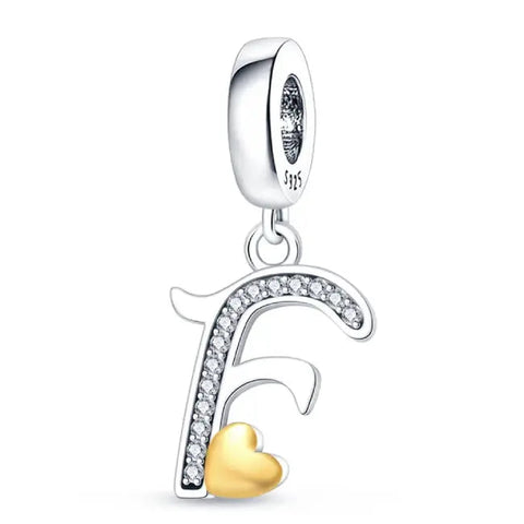 Silver letter F charm Gold heart