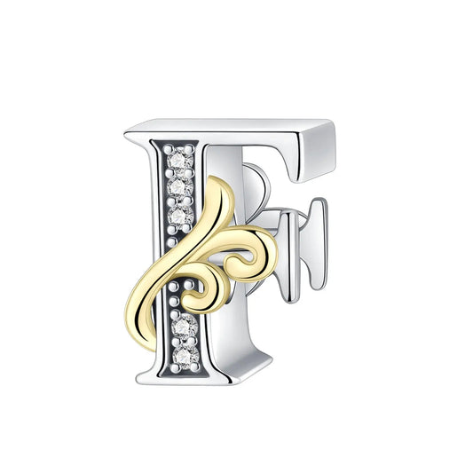 Dual-Tone Gold and Silver F Letter Charm with Crystal Accents