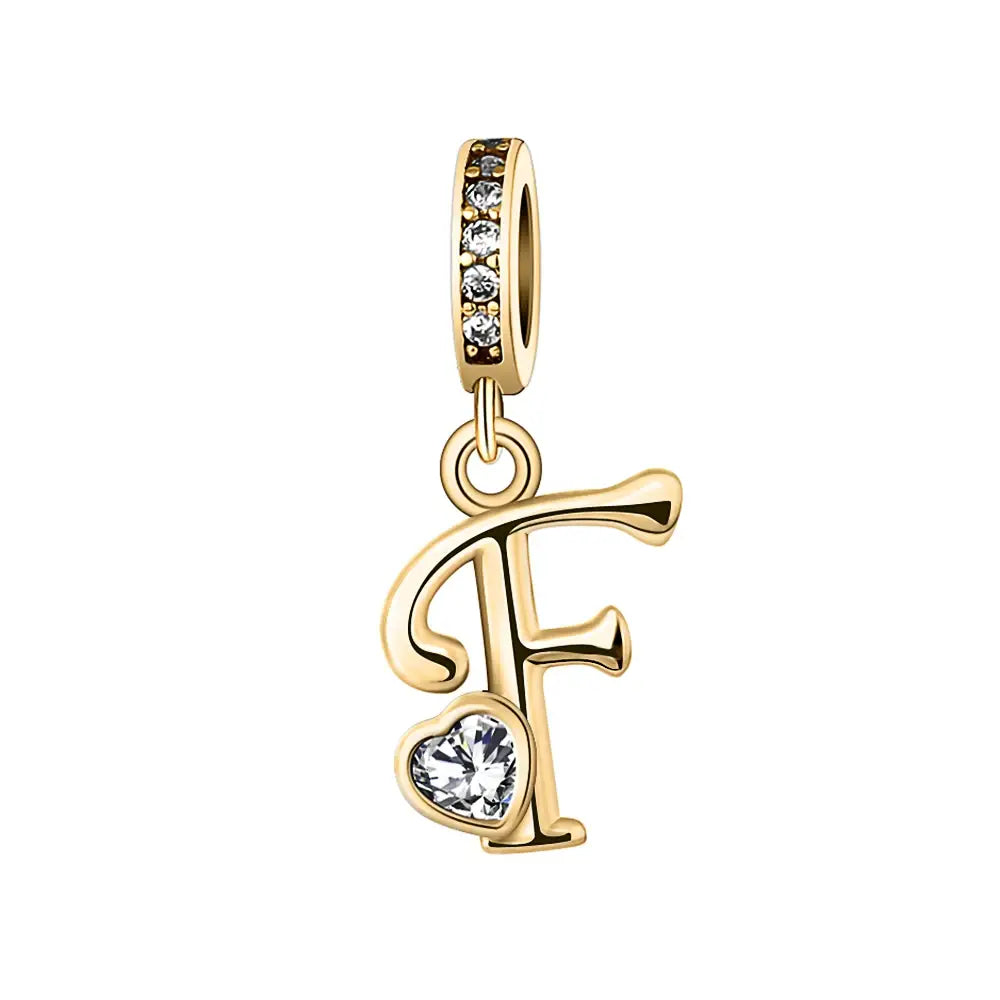 Gold F Letter Charm with pendant crystal Heart