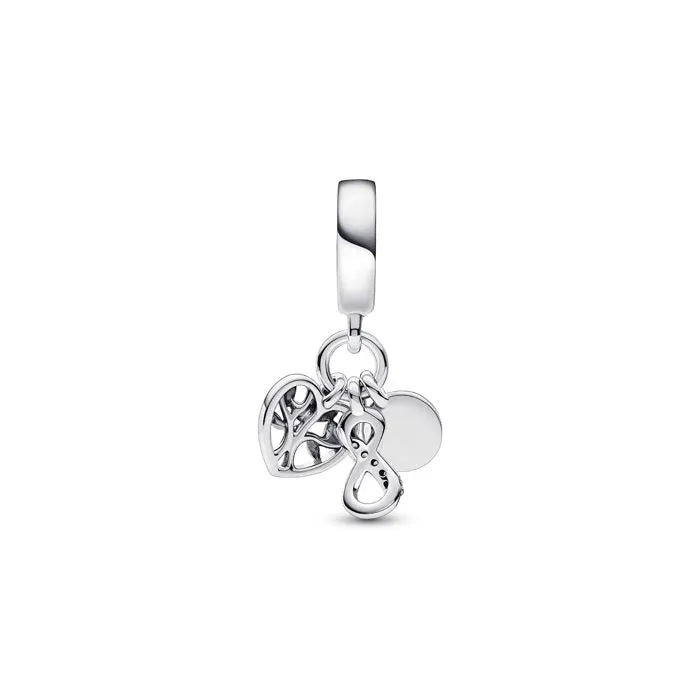 Family infinity triple dangle charm, symbolizes lasting family bonds on charm bracelets