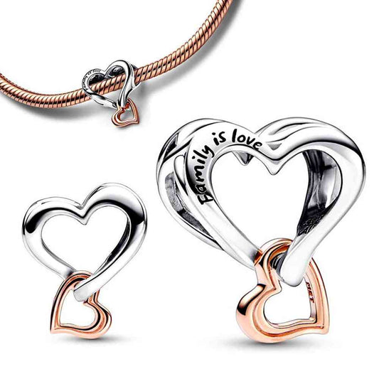 Two intertwined hearts, one in rose gold, symbolizing family love and unity.