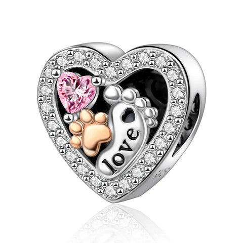 Paw and bany Love Heart Silver Charm