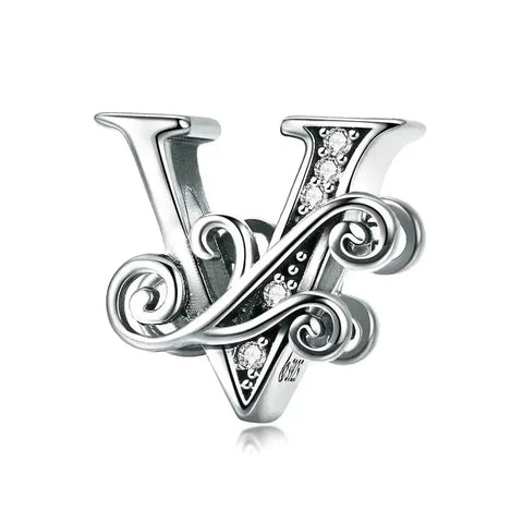 Silver Fancy Letter V Charm