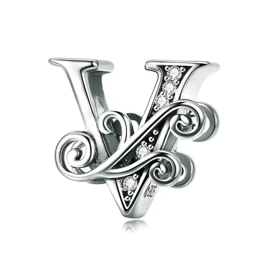 Silver Fancy Letter V Charm